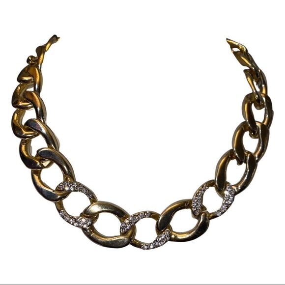 Vintage Chunky Heavy Gold Link Chain Choker Necklace with Pave Diamond Accents - Picture 2 of 5